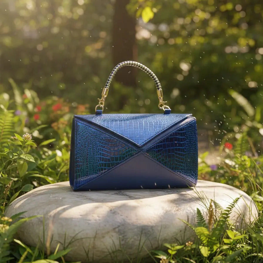 Cobalt Croc Braided Handle Handbag HERBAGS