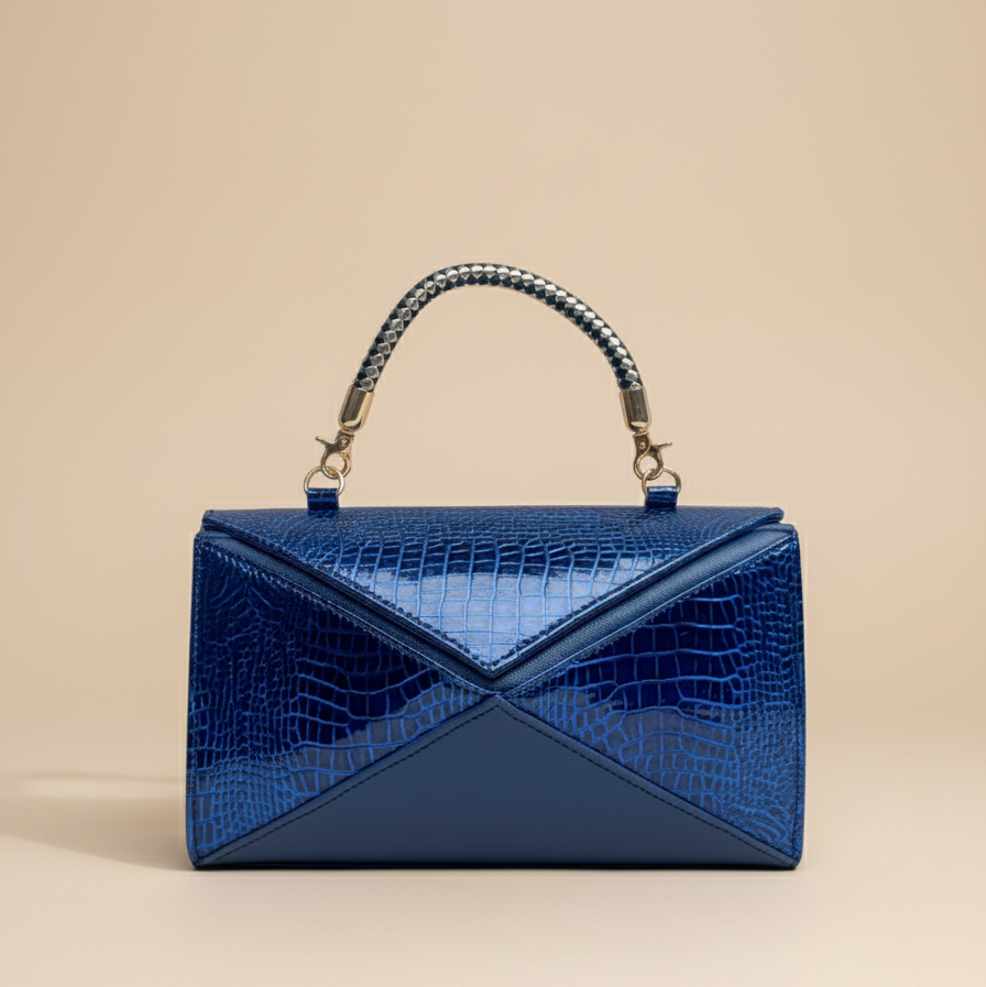 Luxury Cobalt Blue Croc-Embossed Handbag with Braided Handle