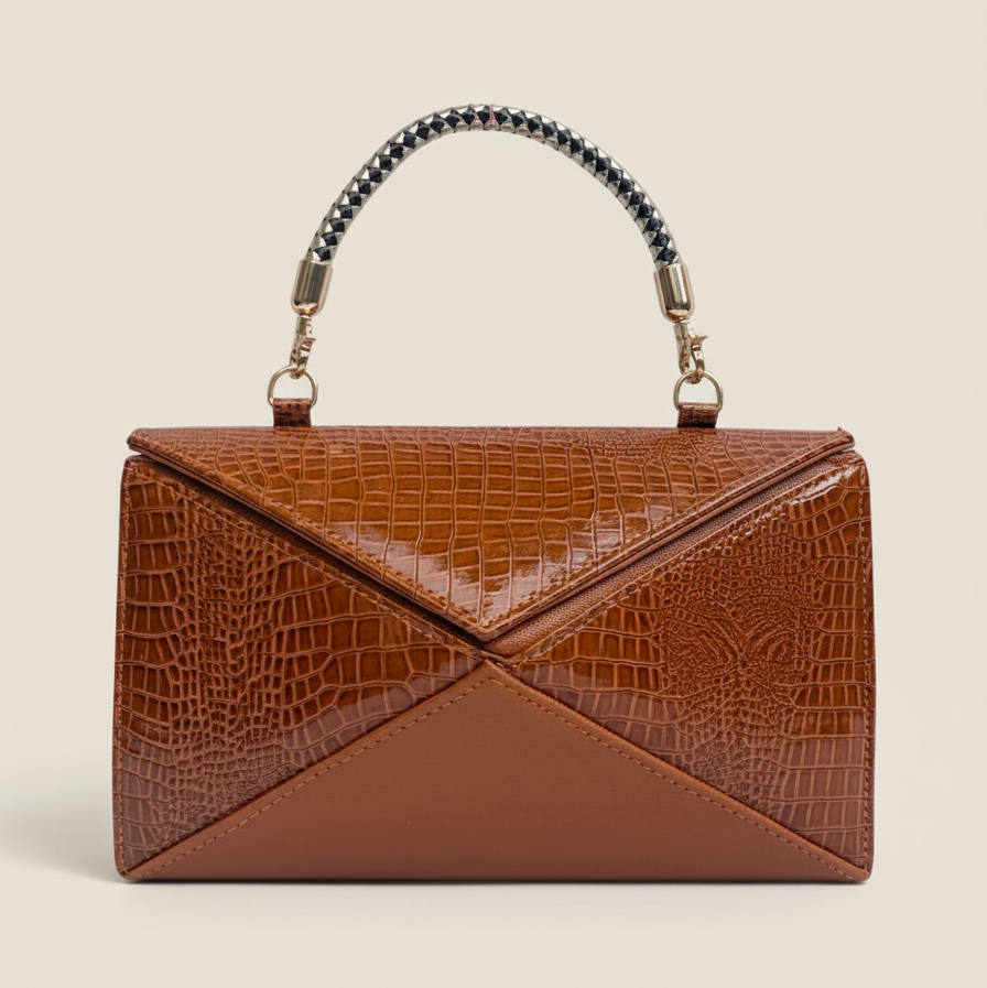 Elegant Cognac Croc-Embossed Handbag with Braided Handle