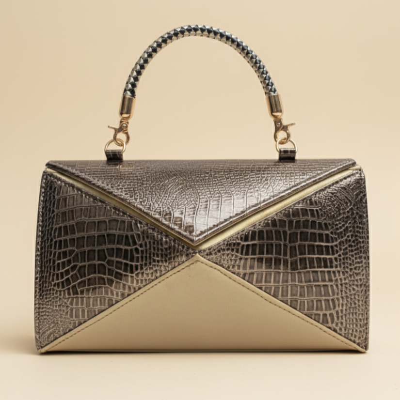 Golden brown-Embossed Handbag with Braided Handle (Copy)
