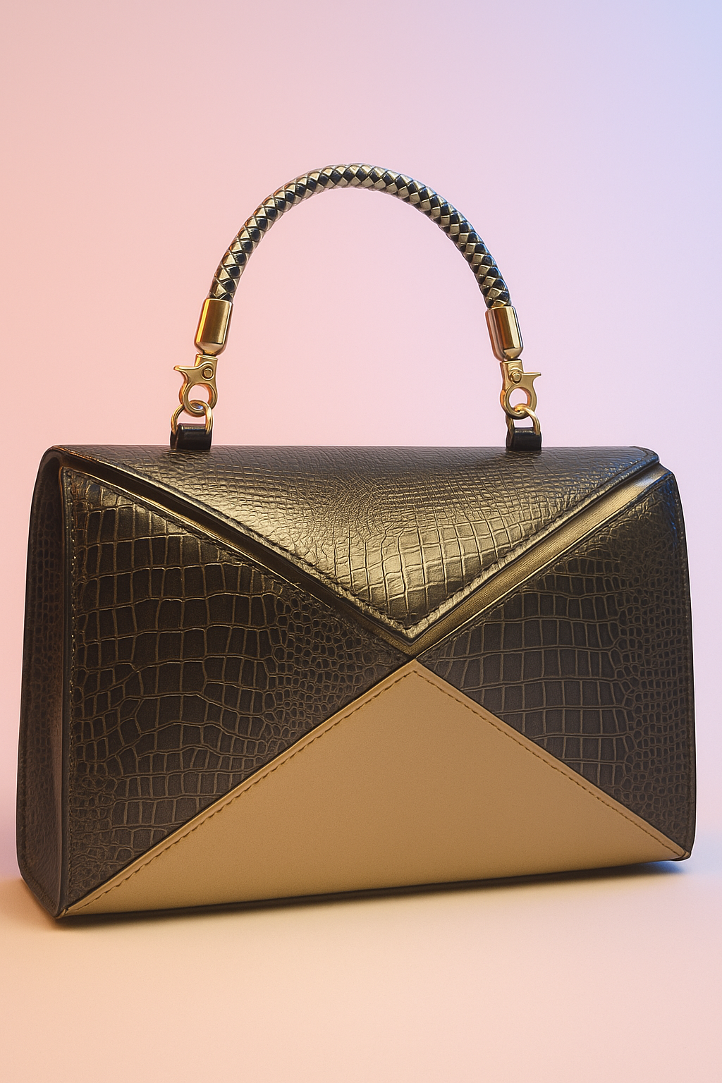 Golden brown-Embossed Handbag with Braided Handle (Copy)