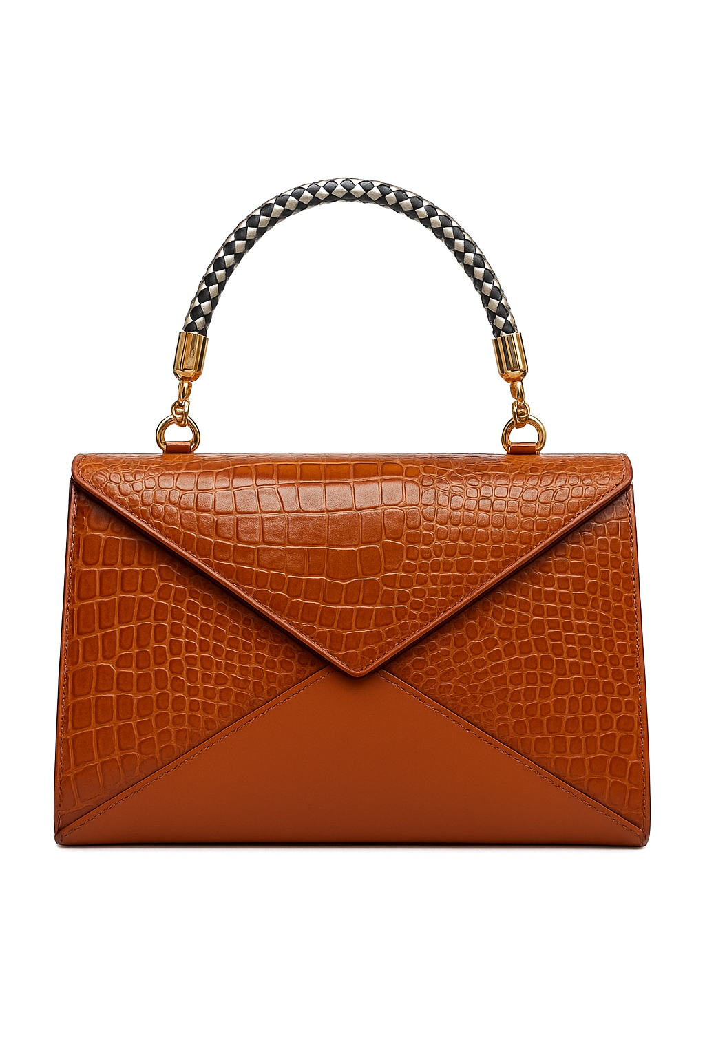 Elegant Cognac Croc-Embossed Handbag with Braided Handle