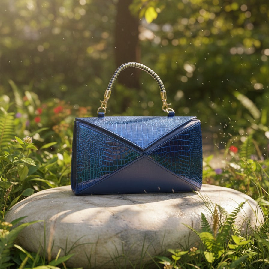 Luxury Cobalt Blue Croc-Embossed Handbag with Braided Handle