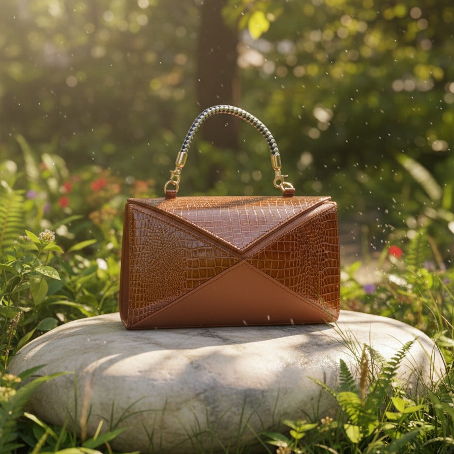 Elegant Cognac Croc-Embossed Handbag with Braided Handle