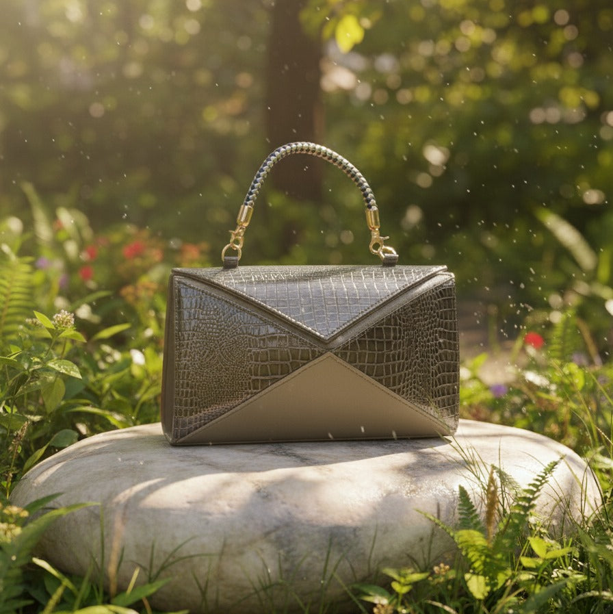 Golden brown-Embossed Handbag with Braided Handle (Copy)